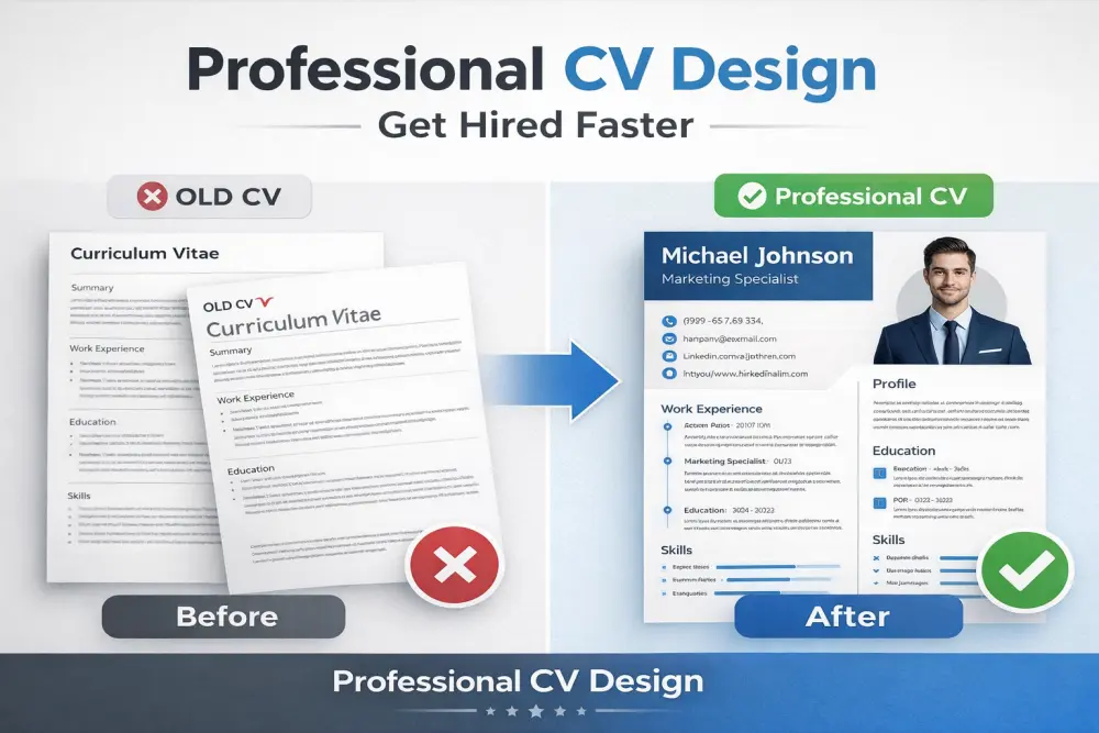 تصميم سيرة ذاتية احترافية (CV) حديثة ومنظمة تساعدك على زيادة فرص قبولك في الوظائف.