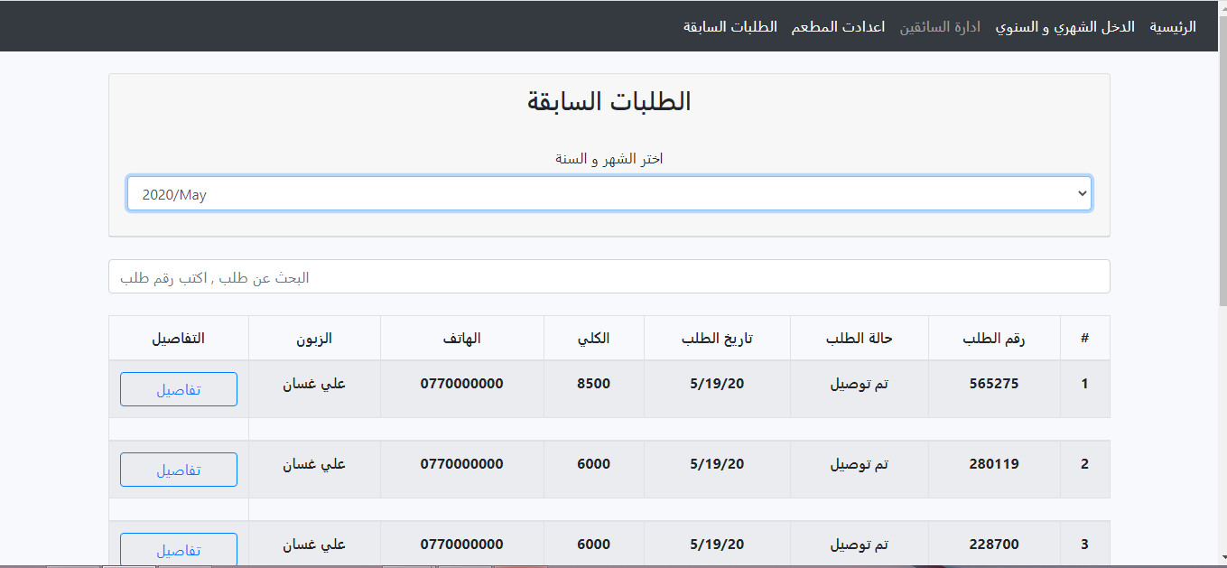 تطبيق  توصيل طلبات المطاعم مع لوحة تحكم