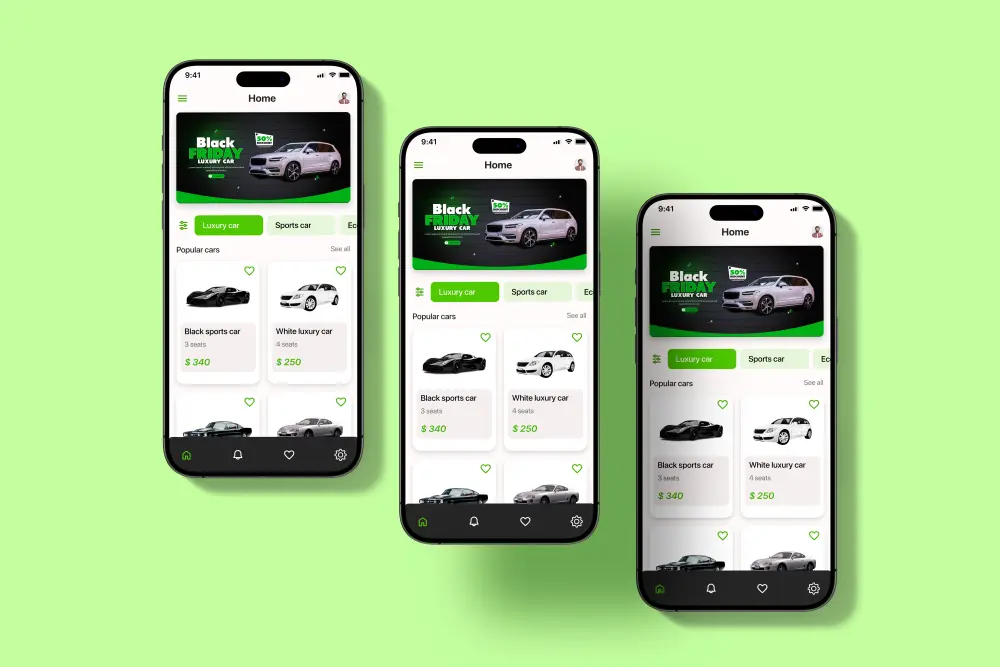 تصميم واجهة تطبيق تأجير سيارات احترافية (Car rental)