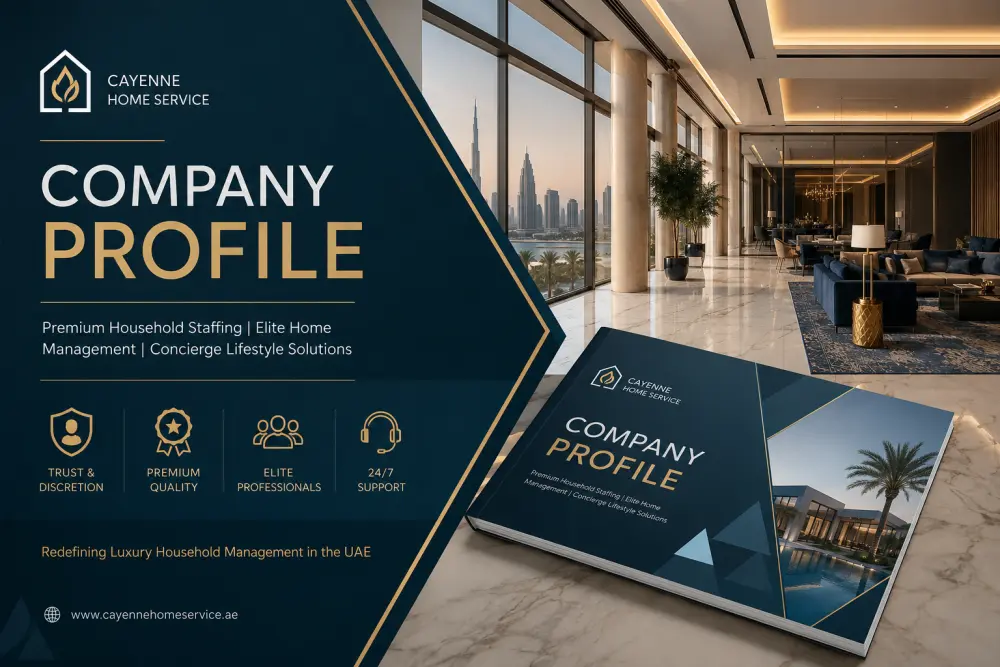 تصميم بروفايل شركة احترافي وفاخر لخدمات التوظيف المنزلي وإدارة المنازل