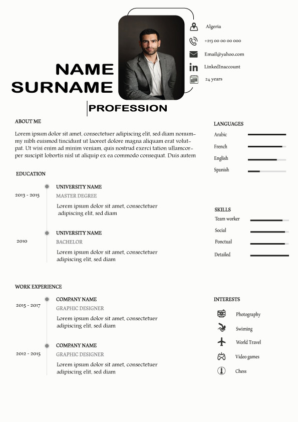تصميم سيرة ذاتية احترافية (انجليزي - عربي - فرنسي )