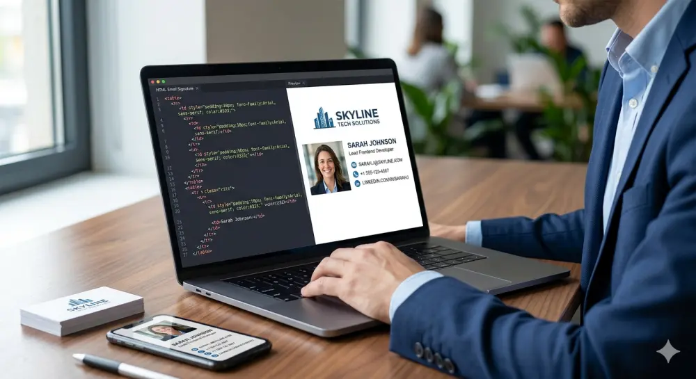 تصميم وتكويد توقيع بريد إلكتروني (HTML Email Signature) احترافي ومتجاوب.