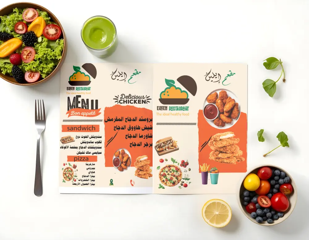 تصميم منيو (Menu) احترافي يعكس هوية مطعمك ويظهر أطباقك بطريقة منظمة وجذابة وتناسب الطباعة أو النشر الرقمي