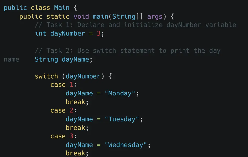 تطبيق Java لطباعة اسم اليوم باستخدام Switch Statement