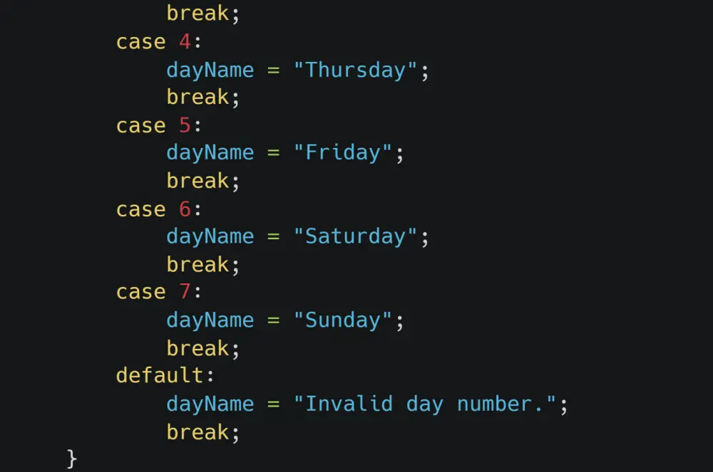 تطبيق Java لطباعة اسم اليوم باستخدام Switch Statement