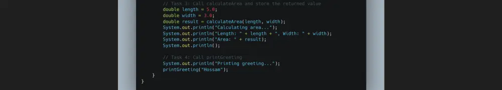 تطبيق Java لحساب المساحة وطباعة الترحيب باستخدام الدوال (Methods)