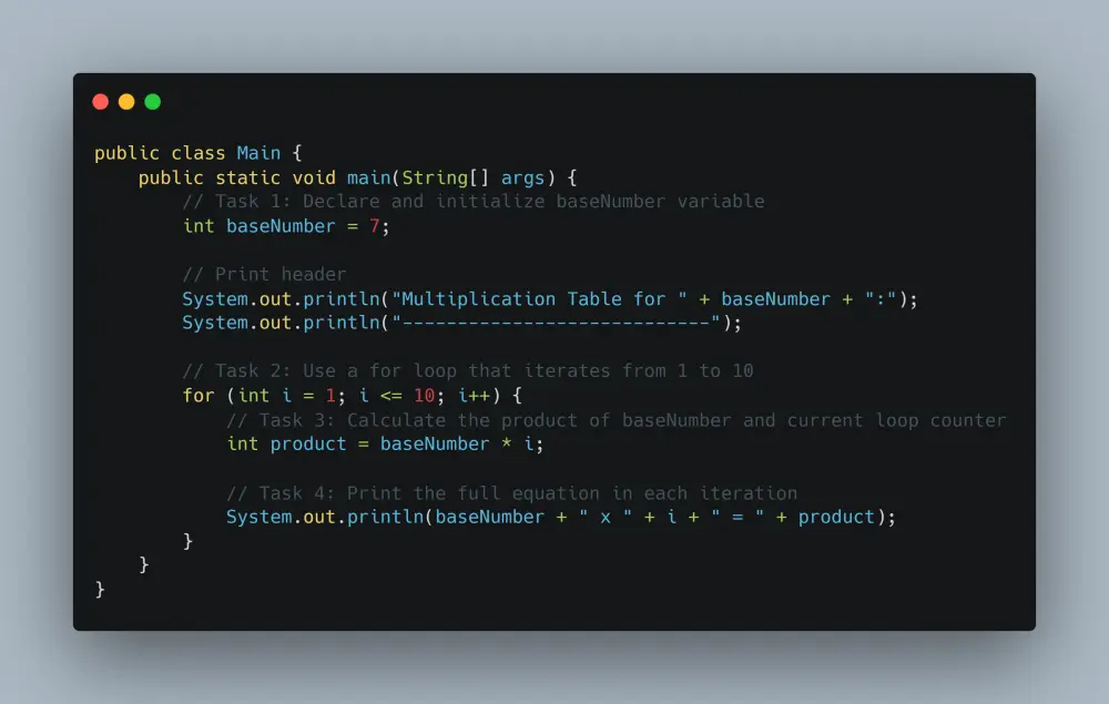تطبيق Java لطباعة جدول الضرب لعدد محدد باستخدام For Loop