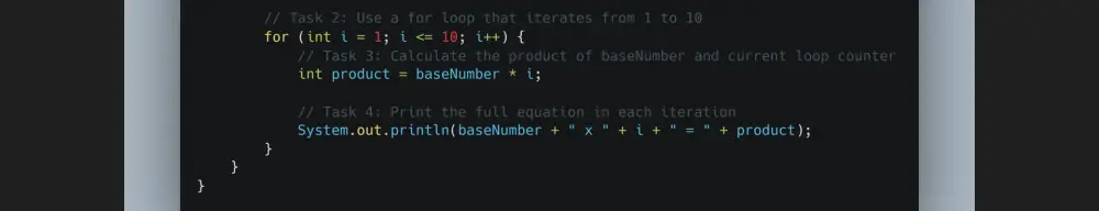 تطبيق Java لطباعة جدول الضرب لعدد محدد باستخدام For Loop