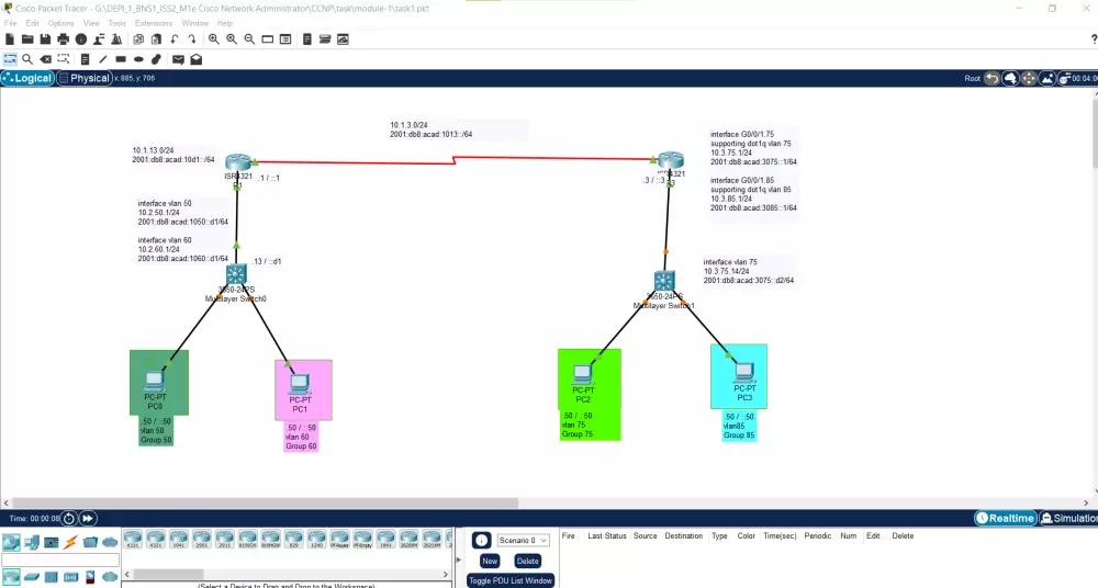 تصميم وبرمجة مشروع متوسط مكون من two Routers و 4 switchs