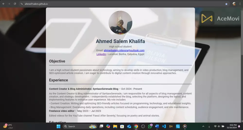 هصمملك 1 صفحة ويب تحتوي على 8 أجزاء وهم ( البيانات الرئيسية والهدف والخبرة والتعليم والمهارات واللغات والشهادات والاهتمامات ) مقابل 5 دولار