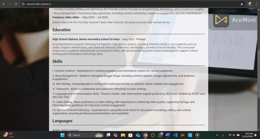 هصمملك 1 صفحة ويب تحتوي على 8 أجزاء وهم ( البيانات الرئيسية والهدف والخبرة والتعليم والمهارات واللغات والشهادات والاهتمامات ) مقابل 5 دولار