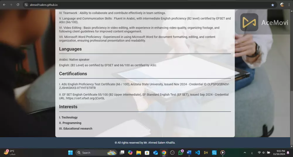 هصمملك 1 صفحة ويب تحتوي على 8 أجزاء وهم ( البيانات الرئيسية والهدف والخبرة والتعليم والمهارات واللغات والشهادات والاهتمامات ) مقابل 5 دولار