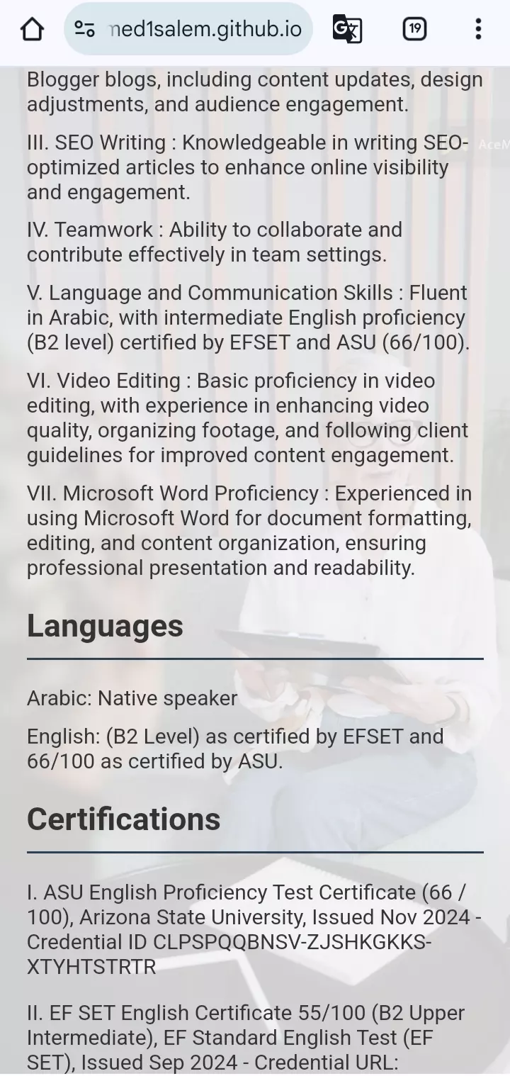 هصمملك 1 صفحة ويب تحتوي على 8 أجزاء وهم ( البيانات الرئيسية والهدف والخبرة والتعليم والمهارات واللغات والشهادات والاهتمامات ) مقابل 5 دولار