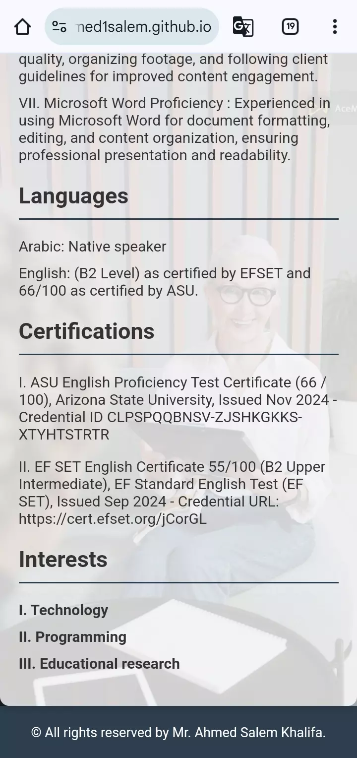 هصمملك 1 صفحة ويب تحتوي على 8 أجزاء وهم ( البيانات الرئيسية والهدف والخبرة والتعليم والمهارات واللغات والشهادات والاهتمامات ) مقابل 5 دولار