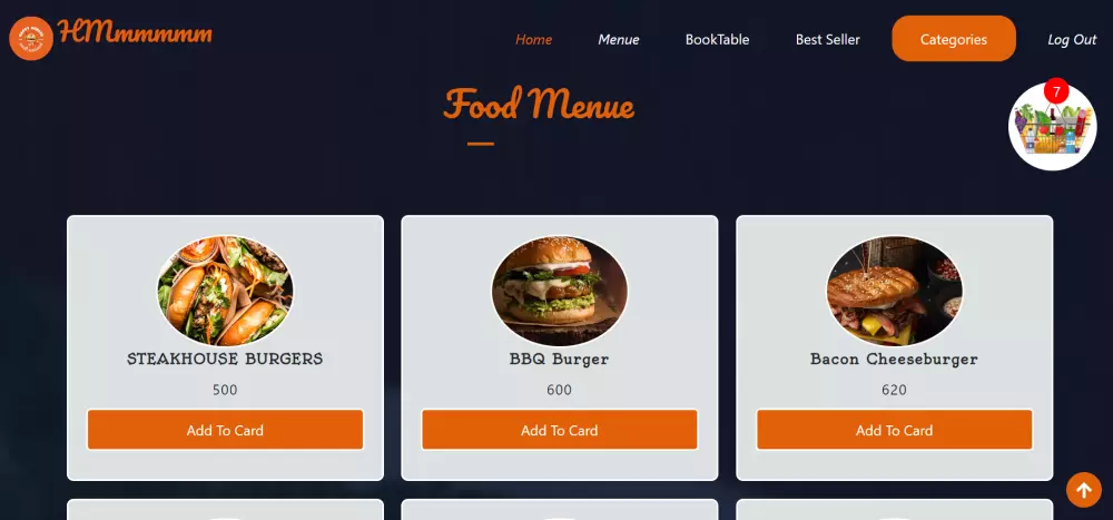 موقع إلكتروني للمطعم مع ميزات إضافة الطعام إلى السلة وحجز المكان