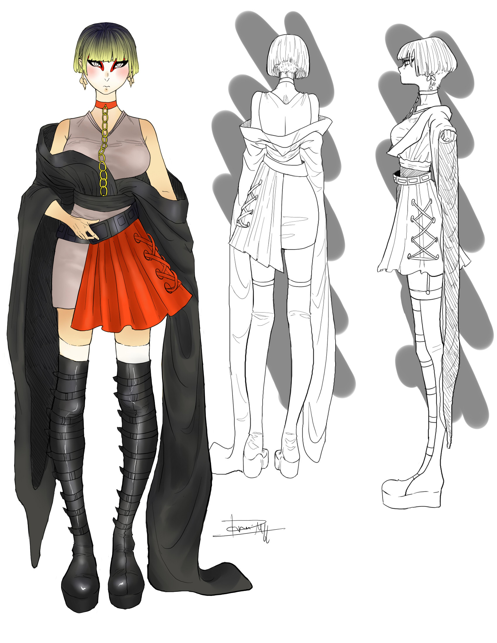 خدمه موديل شيت model sheet تصميم كامل من زاويه واحده ملونه بدقه عاليه واربع تصاميم جانبيه بدون تلوين