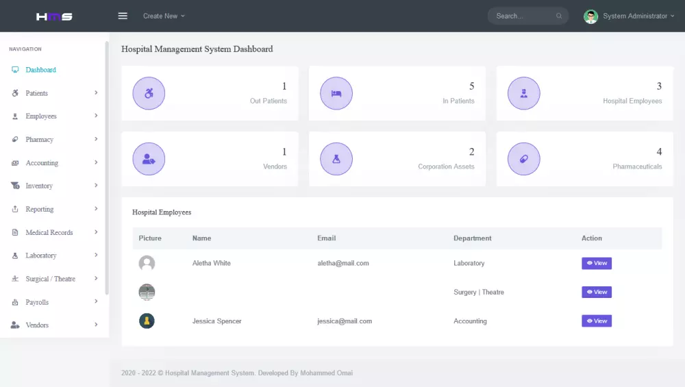 موقع الكتروني مستشفى مع لوحة تحكم