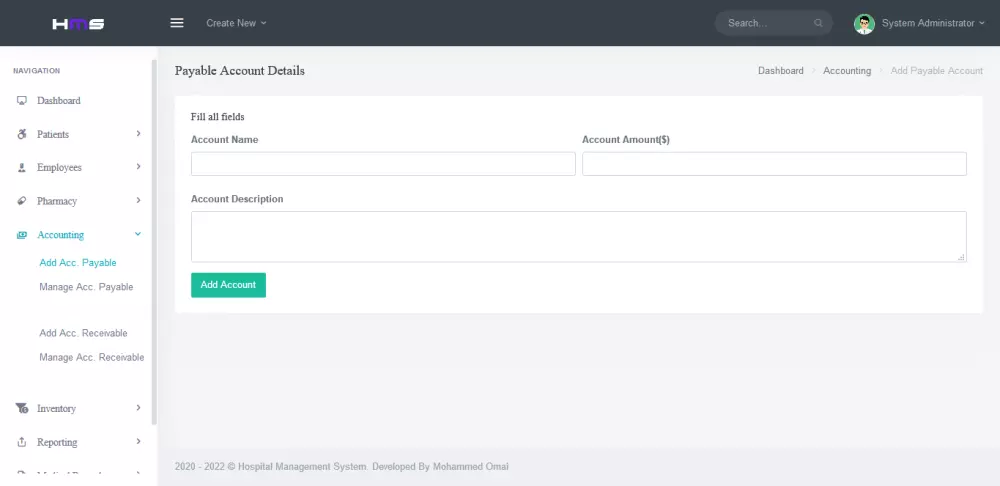 موقع الكتروني مستشفى مع لوحة تحكم