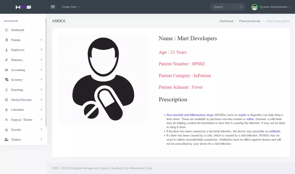 موقع الكتروني مستشفى مع لوحة تحكم