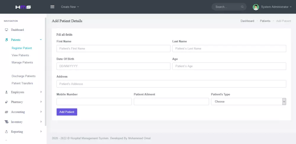 موقع الكتروني مستشفى مع لوحة تحكم