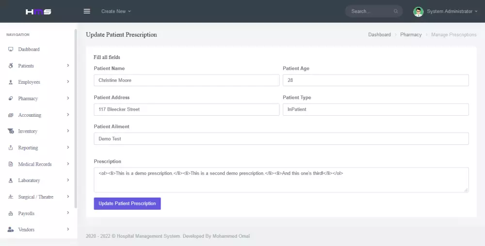 موقع الكتروني مستشفى مع لوحة تحكم