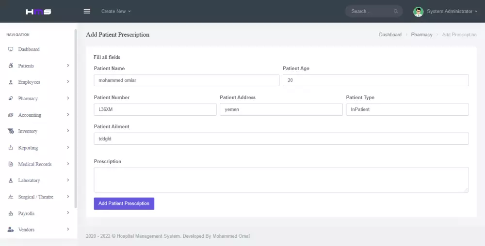 موقع الكتروني مستشفى مع لوحة تحكم