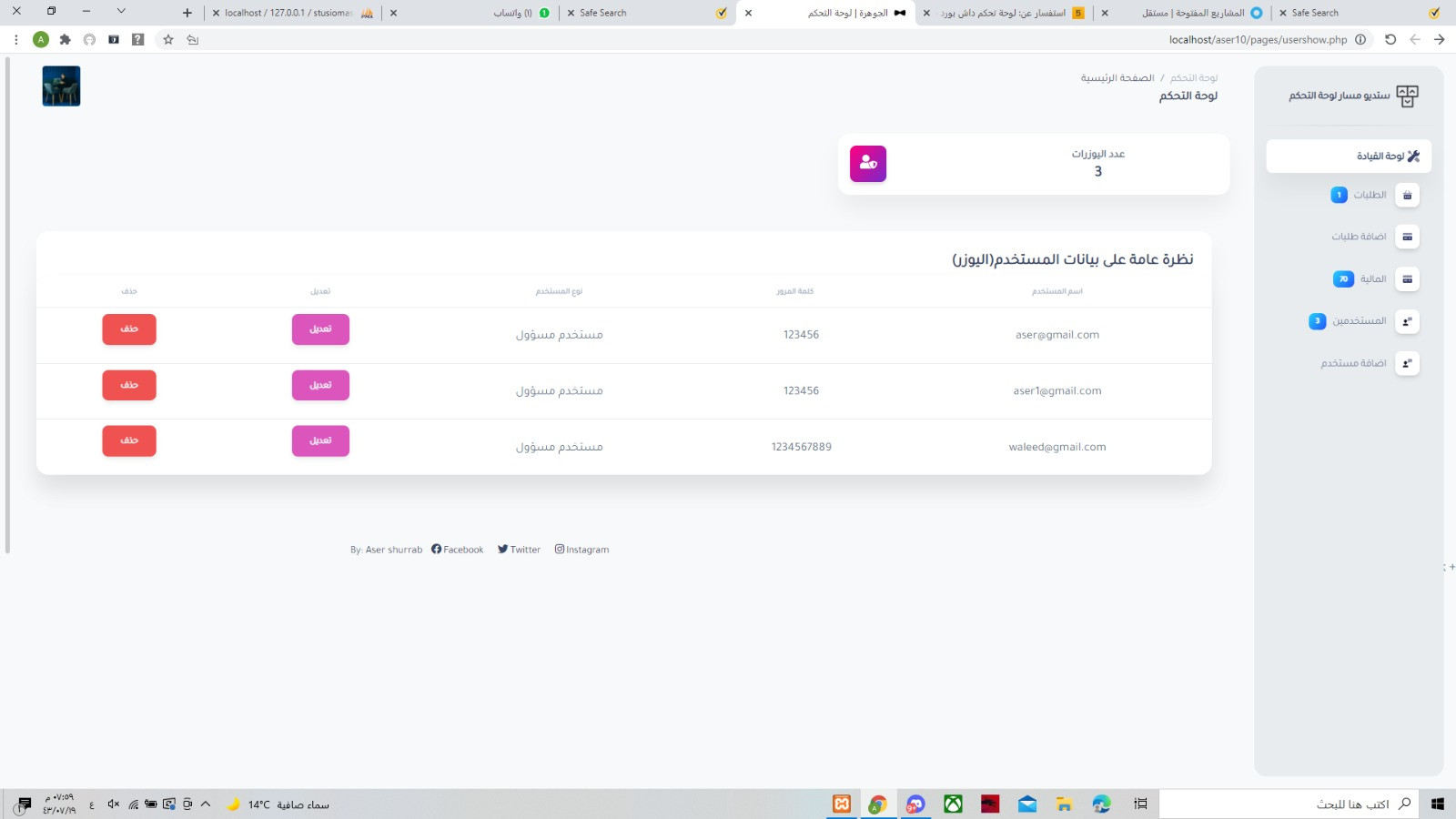 لوحة تحكم داش بورد بسيطة Dashboard