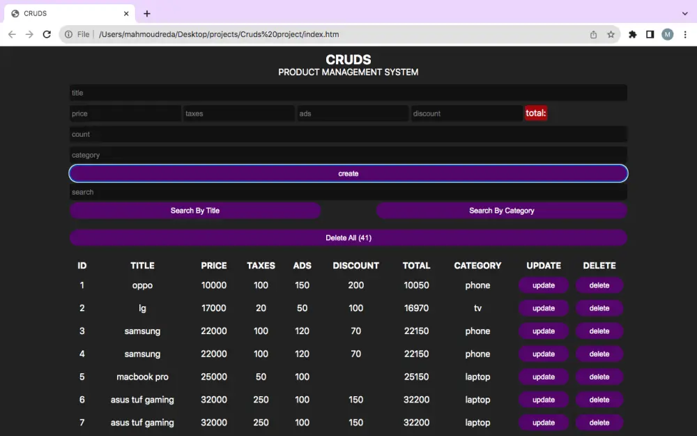 نظام إدارة المنتجات CRUDS Product Management System