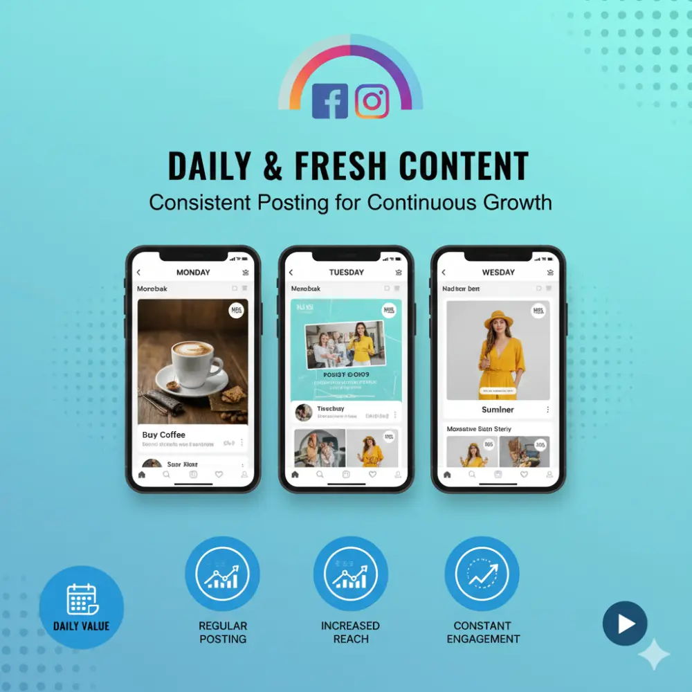 إدارة حساب فيسبوك وإنستجرام | نشر يومي + تصميم + تفاعل مباشر