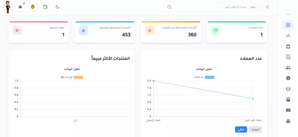 نظام ERP متكامل لإدارة المبيعات، المشتريات العملاء، الموردين, المخازن,المنتجات