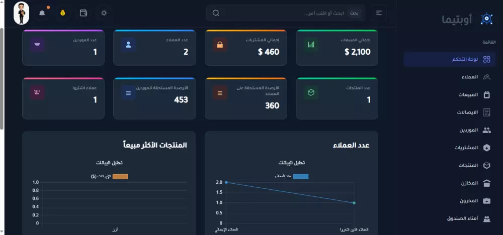 نظام ERP متكامل لإدارة المبيعات، المشتريات العملاء، الموردين, المخازن,المنتجات
