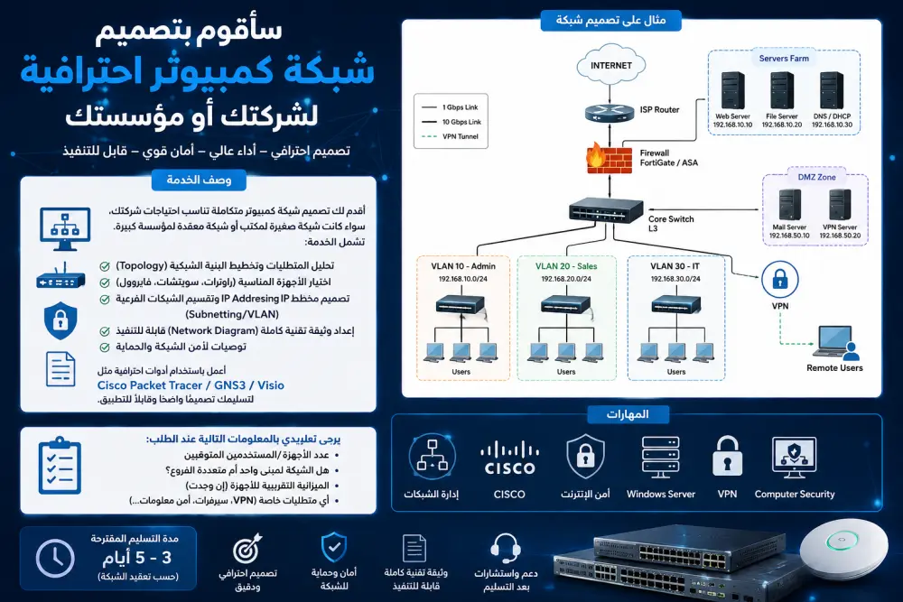 "سأقوم بتصميم شبكة كمبيوتر احترافية لشركتك أو مؤسستك"
