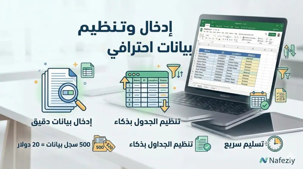 سأقوم بإدخال وتنظيم حتى 500 سجل بيانات على Excel أو Google Sheets مقابل 20 دولار