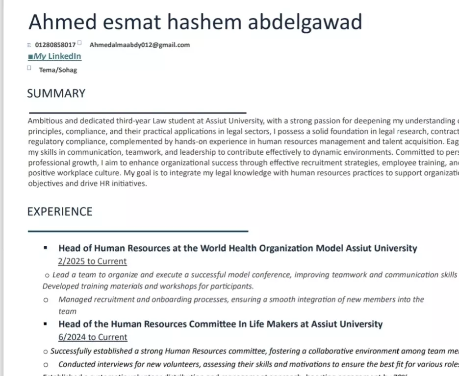 سأقوم بكتابة سيرة ذاتية احترافية تساعدك في التميز أمام أصحاب العمل. سواء كنت طالبًا حديث التخرج أو محترفًا ذو خبرة، سأعمل على تصميم سيرة ذاتية تعكس مهاراتك وتجاربك بشكل جذاب.