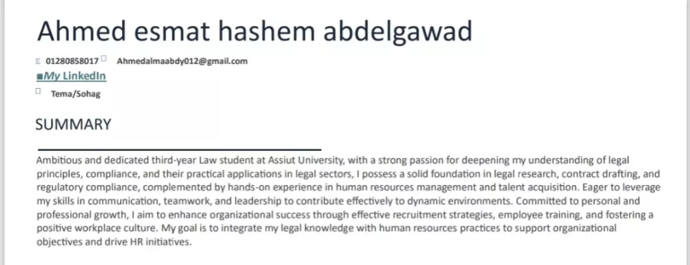 سأقوم بكتابة سيرة ذاتية احترافية تساعدك في التميز أمام أصحاب العمل. سواء كنت طالبًا حديث التخرج أو محترفًا ذو خبرة، سأعمل على تصميم سيرة ذاتية تعكس مهاراتك وتجاربك بشكل جذاب.