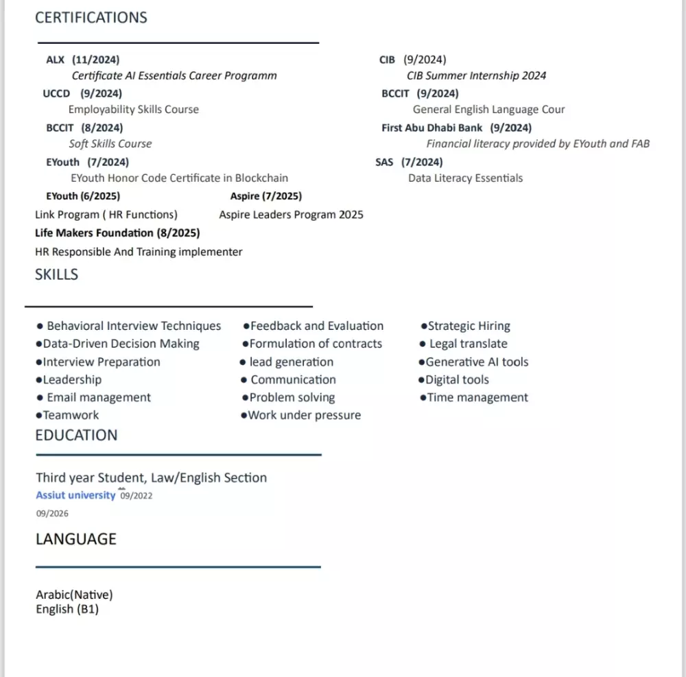 سأقوم بكتابة سيرة ذاتية احترافية تساعدك في التميز أمام أصحاب العمل. سواء كنت طالبًا حديث التخرج أو محترفًا ذو خبرة، سأعمل على تصميم سيرة ذاتية تعكس مهاراتك وتجاربك بشكل جذاب.