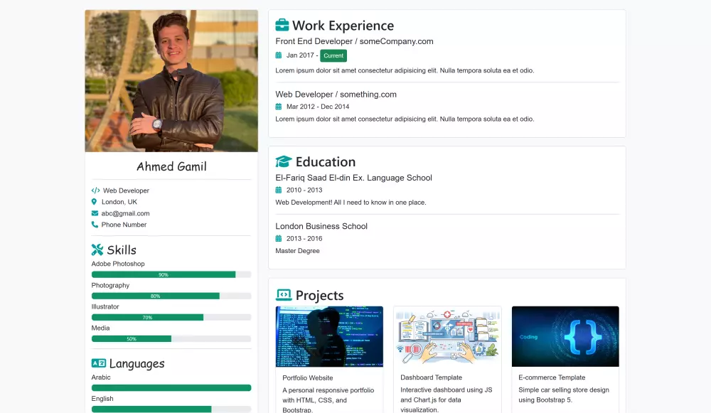 تطوير موقع CV Portfolio كامل بدون قوالب جاهزة