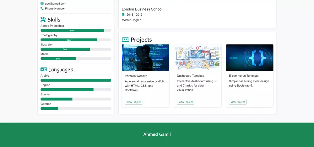 تطوير موقع CV Portfolio كامل بدون قوالب جاهزة