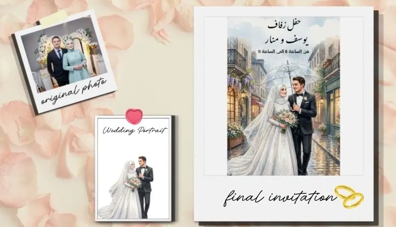 تحويل صور العروسين إلى دعوة زفاف فنية مخصصة