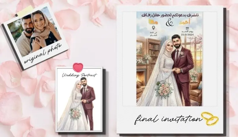 تحويل صور العروسين إلى دعوة زفاف فنية مخصصة