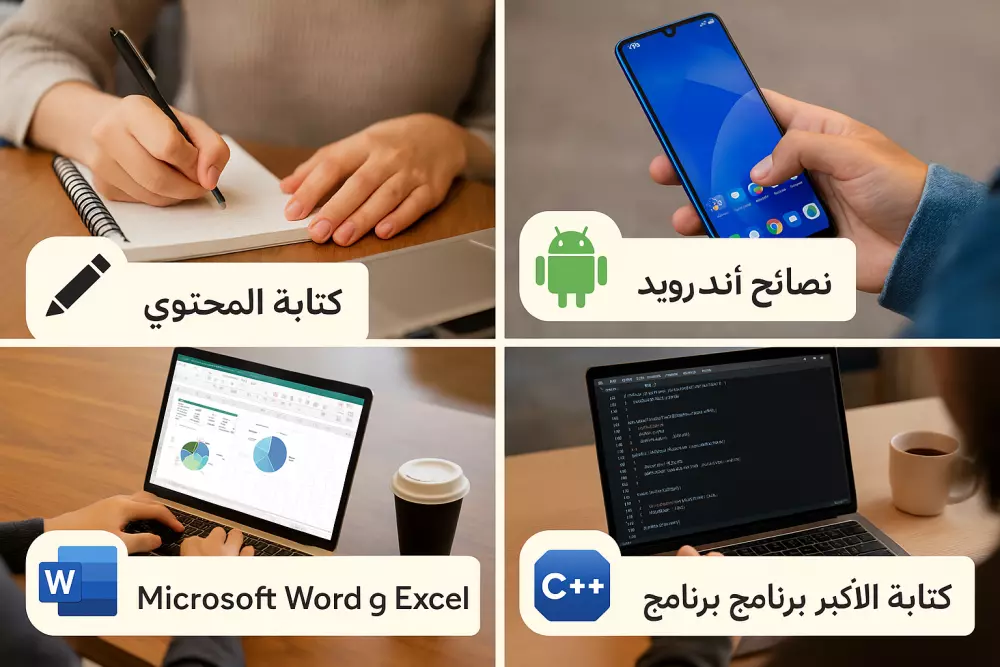 كتابه المحتوى بطريقة عصرية ومبتكرة وجذابه وكتابة المقالات وكتابة الاكواد باستخدام برنامج ++c والعمل على برنامج اكسل وبرنامج Word