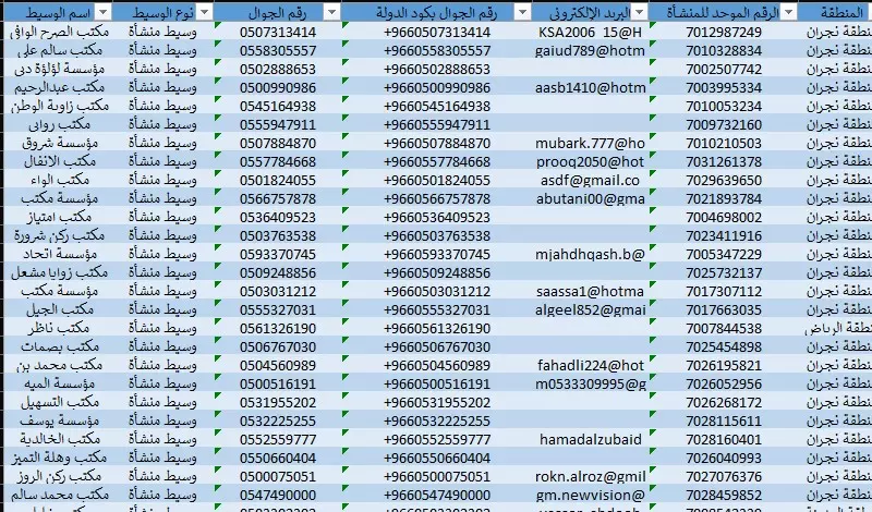 داتا وسطاء عقاريين بالسعودية بملف اكسيل لعام 2025