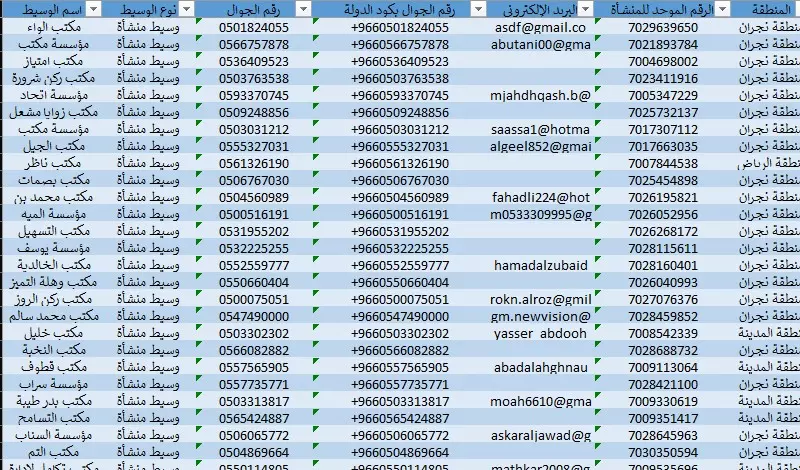 داتا وسطاء عقاريين بالسعودية بملف اكسيل لعام 2025
