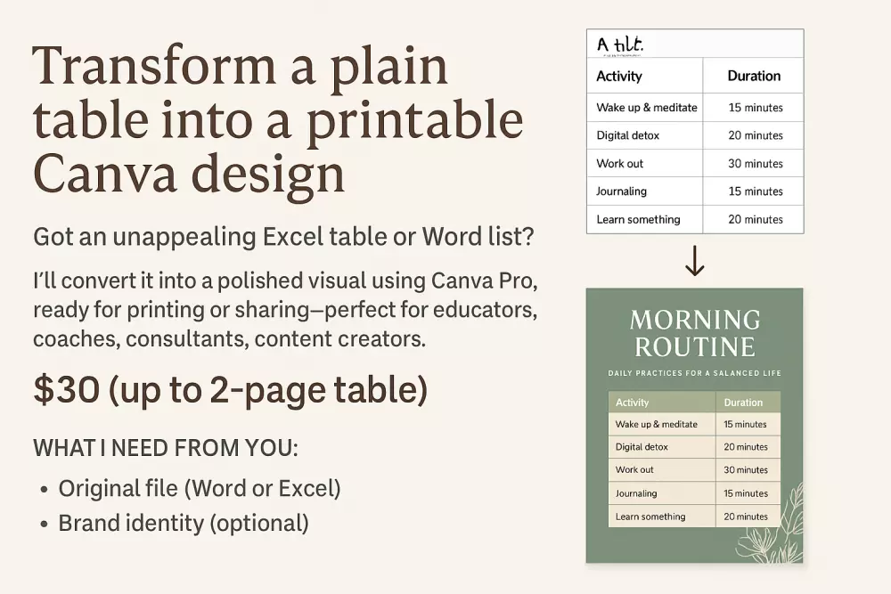 تحويل جدول عادي إلى تصميم Canva قابل للطباعة والعرض