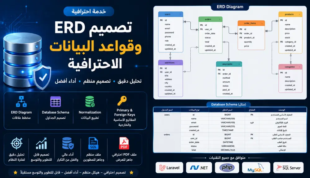 تصميم ERD وقاعدة بيانات احترافية لأي نظام