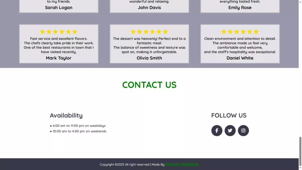 سأقوم بتصميم موقع أنيق ومتجاوب لمطعمك أو الكوفي شوب الخاص بك مكوّن من 6 صفحات باستخدام HTML، CSS،JS وTailwind CSS.