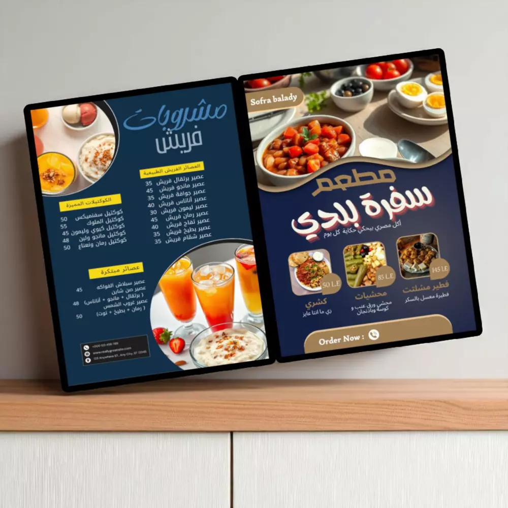 سأقوم بتصميم منيو احترافي ومُرتّب يعرض قائمة الطعام أو المشروبات بشكل جذّاب وواضح، سواء كان منيو ورقي للطباعة أو منيو رقمي للنشر على السوشيال ميديا، مع مراعاة هوية المطعم أو الكافيه وأسلوب العرض المناسب للجمهور.