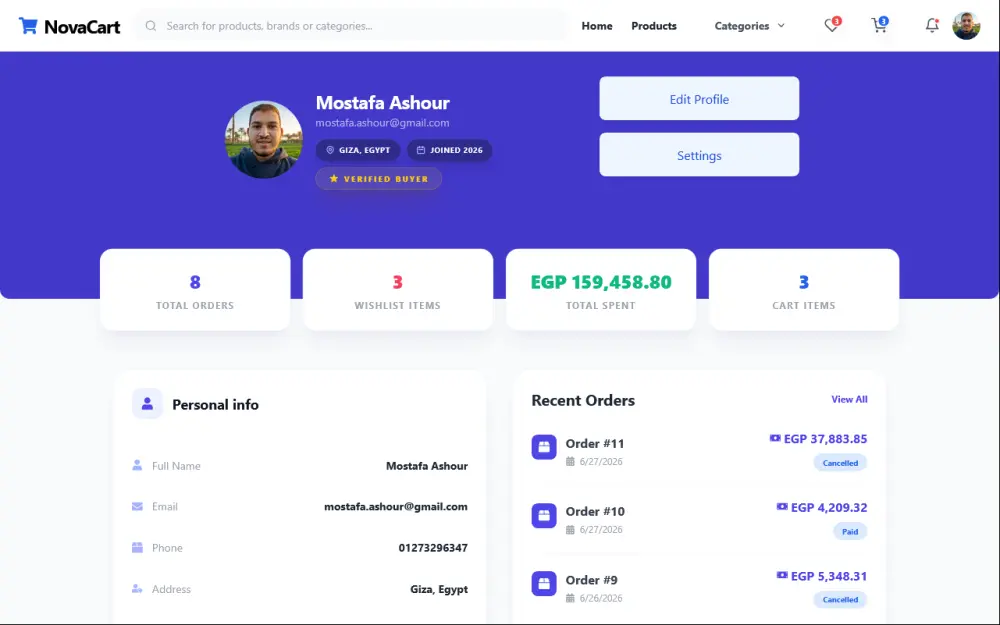 تطوير متجر إلكتروني احترافي باستخدام React و ASP.NET Core مع لوحة تحكم متكاملة بتصميم عصري