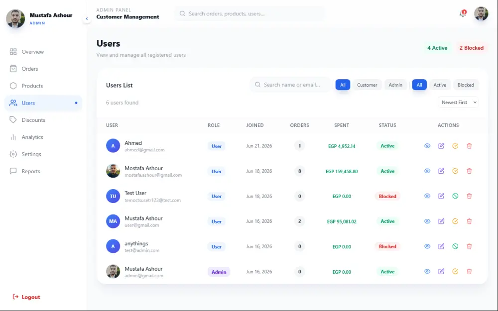 تطوير متجر إلكتروني احترافي باستخدام React و ASP.NET Core مع لوحة تحكم متكاملة بتصميم عصري