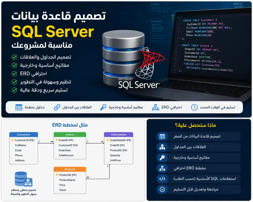 تصميم وبناء قاعدة بيانات SQL Server احترافية لمشروعك